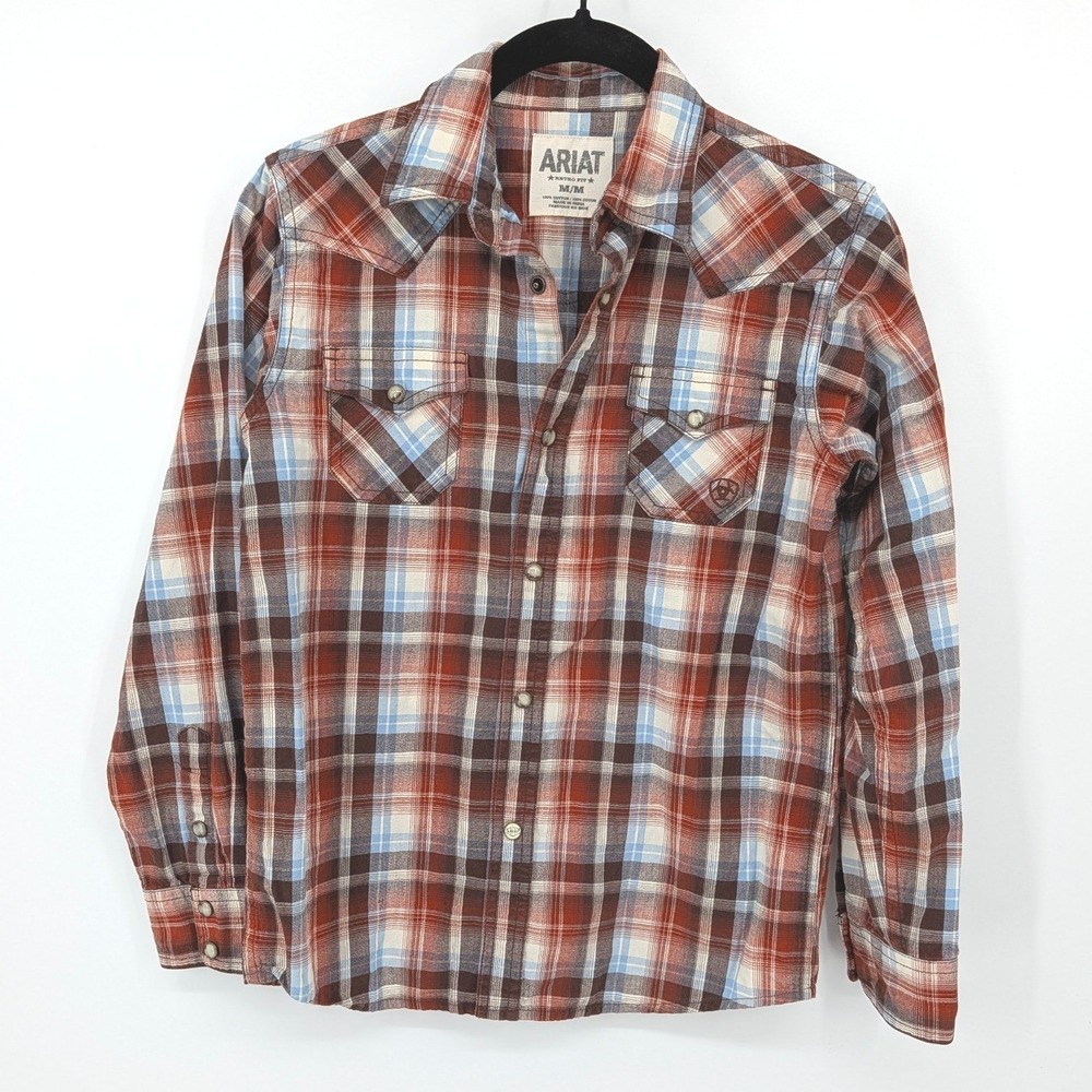 Ariat Western Shirt Kids Medium Rust Plaid Retro Fit Cotton Snap Down Rodeo